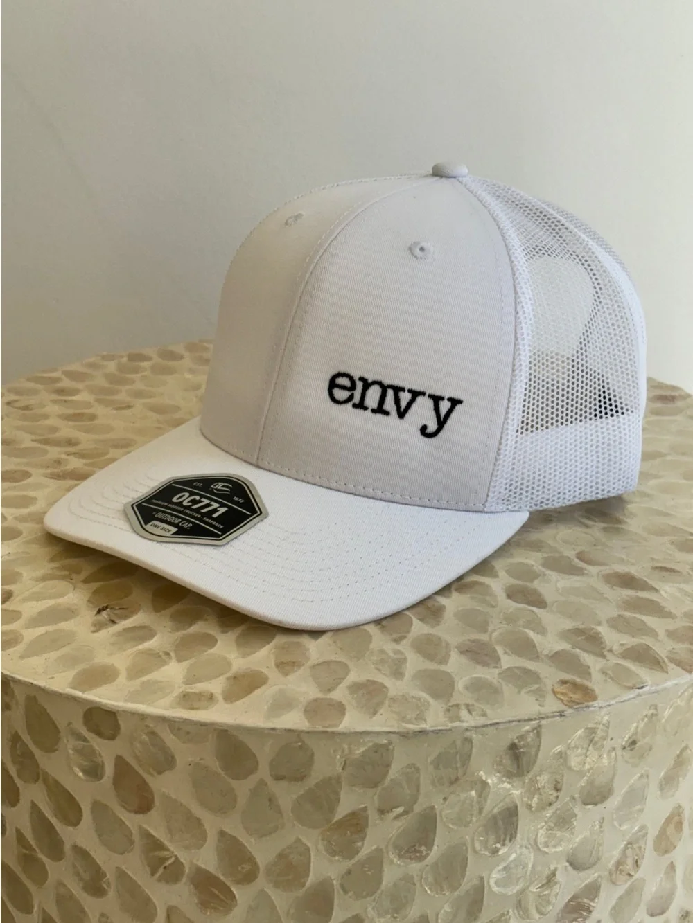 envy Women’s White Mesh Trucker Hat with Black Logo